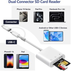 Lecteur de Carte SD pour iPhone, Lightning & USB C Adaptateur Carte SD pour Micro SD/SD, Lecteurs Carte Mémoire Externes pour iP