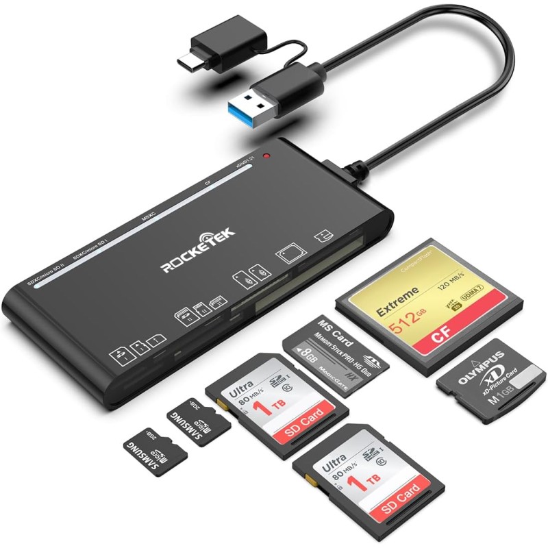 Lecteur de Cartes Multiples USB C USB3.0, SD/TF/CF/Micro SD/XD/MS Lecteur de Cartes mémoire 7 en 1/Adaptateur/Hub pour Cartes SD