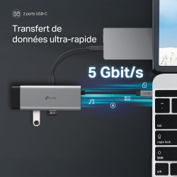 TP-Link UH7020C Hub USB C PD100W, 4K 60Hz HDMI, 1× USB C, 2× USB A, Cartes SD et microSD jusqu'à 200 Mo/s, Compatible avec MacOS