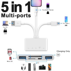 Lecteur de Carte mémoire 5en1, Adaptateur OTG pour iPhone/iPad, appareils USB C et USB A avec emplacements pour Carte Micro SD e