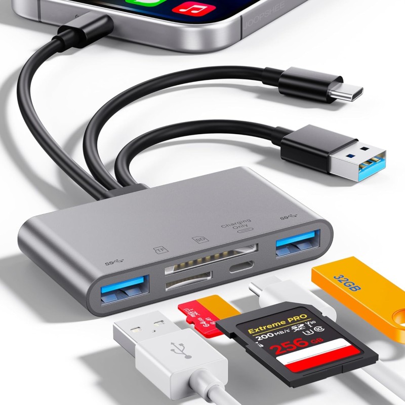 Lecteur de Carte SD 5 en 1, Adaptateur USB 3.0 Haute Vitesse en Aluminium pour téléphones/Pad appareils USB C et USB A avec empl