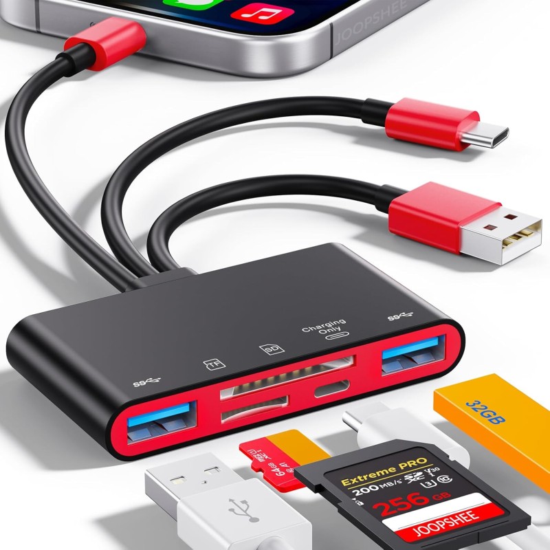 Lecteur de Carte mémoire 5 en 1, Adaptateur USB OTG et Lecteur de Carte SD pour iPhone/iPad, appareils USB C et USB A avec empla