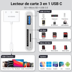 KiWiBiRD Adaptateur Carte SD USB C Lecteur Carte SD USB C Adaptateur USBC Cartes Micro SDHC, Compatible avec Mac iPhone 17 16 15