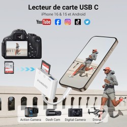 KiWiBiRD Adaptateur Carte SD USB C Lecteur Carte SD USB C Adaptateur USBC Cartes Micro SDHC, Compatible avec Mac iPhone 17 16 15