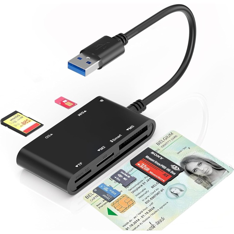 USB-A Belgian ID Card Reader - Lecteur Carte Identité Belge, ID, TF, SD, MMC, SIM, M2, Memory Stick Pro Duo -Prend en Charge Les