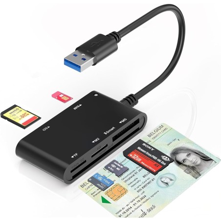 USB-A Belgian ID Card Reader - Lecteur Carte Identité Belge, ID, TF, SD, MMC, SIM, M2, Memory Stick Pro Duo -Prend en Charge Les