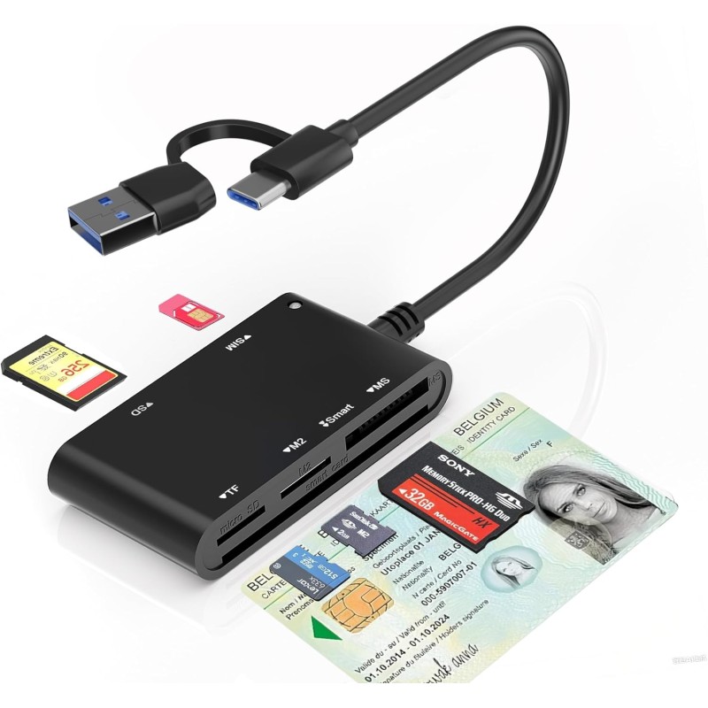 USB-C/A Belgian ID Card Reader - Lecteur Carte Identité Belge, ID, TF, SD, MMC, SIM, M2, Memory Stick Pro Duo -Prend en Charge l