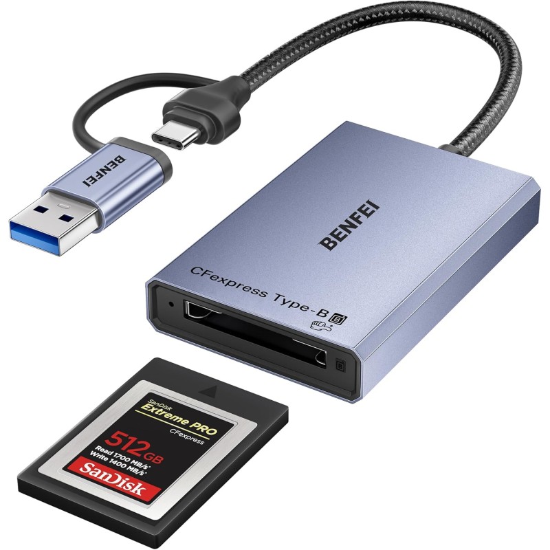 BENFEI Lecteur de Carte CFexpress Type B avec USB 3.2 (Gen 2) 10 Gbit/s, Adaptateur USB-C et USB-A 2 en 1 Type B CFexpress, Comp