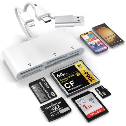 Lecteur de Carte mémoire 5 en 3, Adaptateur USB OTG Lightnin-Type C-USB A vers SD/TF/CF/Micro SD/XD/MS, Lecteur de Carte Multipl