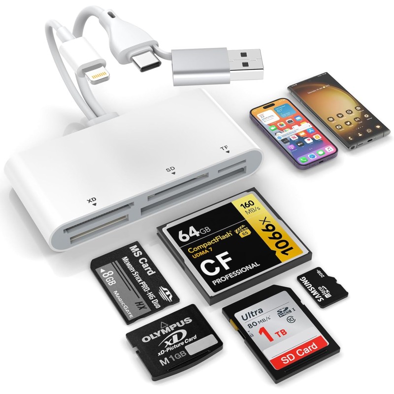 Lecteur de Carte mémoire 5 en 3, Adaptateur USB OTG Lightnin-Type C-USB A vers SD/TF/CF/Micro SD/XD/MS, Lecteur de Carte Multipl