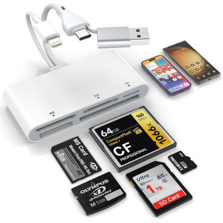 Lecteur de Carte mémoire 5 en 3, Adaptateur USB OTG Lightnin-Type C-USB A vers SD/TF/CF/Micro SD/XD/MS, Lecteur de Carte Multipl