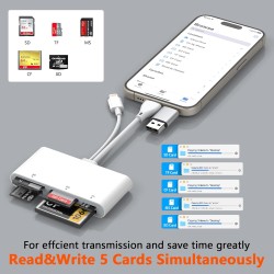 Lecteur de Carte mémoire 5 en 3, Adaptateur USB OTG Lightnin-Type C-USB A vers SD/TF/CF/Micro SD/XD/MS, Lecteur de Carte Multipl