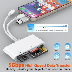 Lecteur de Carte mémoire 5 en 3, Adaptateur USB OTG Lightnin-Type C-USB A vers SD/TF/CF/Micro SD/XD/MS, Lecteur de Carte Multipl