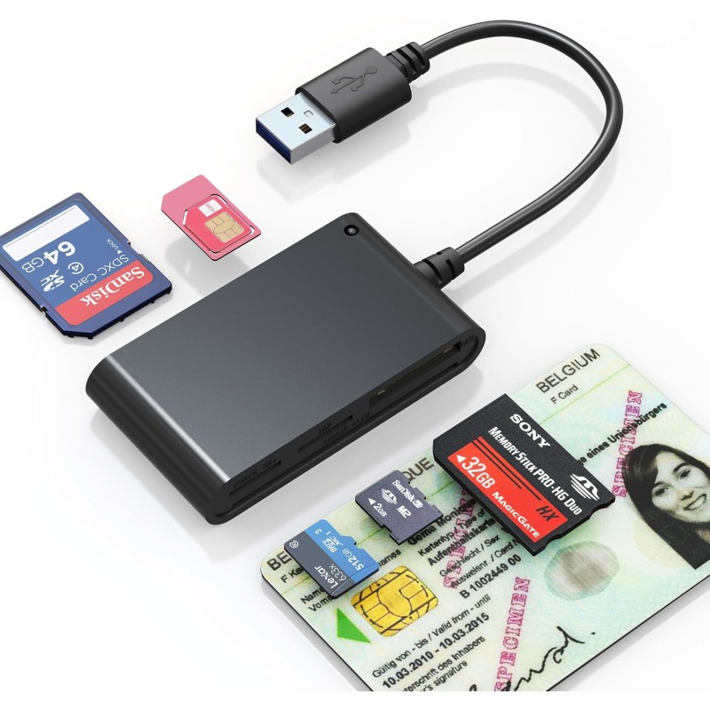 7en1 Lecteur de Carte Identité Belge - Adaptateur MicroSD, SD, MMC, SIM, M2, Memory Stick Pro Duo - Pour Carte Digitale Signatur