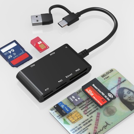 7en2 Lecteur Carte Identité Belge Compatible MicroSD, SD, MMC, SIM, M2, Memory Stick Pro Duo Pour Signature Électronique, DNI, C