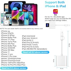 Lecteur Carte SD iPhone, [Apple MFi Certified] 2 en 1 Adaptateur iPhone Carte SD, Adaptateur C/Arte S/D i-Phone, A-daptateur S-D