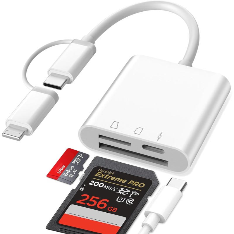 Lecteur Carte SD iPhone, 3 en 1 Lightning to SD Card Reader, Adaptateur iPhone Carte SD, Adaptateur C/Arte SD i-Phone, Lecteur d
