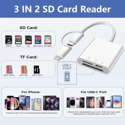 Lecteur Carte SD iPhone, 3 en 1 Lightning to SD Card Reader, Adaptateur iPhone Carte SD, Adaptateur C/Arte SD i-Phone, Lecteur d