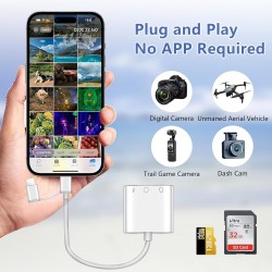 Lecteur Carte SD iPhone, 3 en 1 Lightning to SD Card Reader, Adaptateur iPhone Carte SD, Adaptateur C/Arte SD i-Phone, Lecteur d