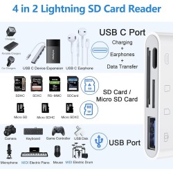 Lecteur Carte SD iPhone, 4 en 1 Lightning to SD Card Reader, Adaptateur iPhone Carte SD, Adaptateur Carte S/D i-Phone, Lecteur d