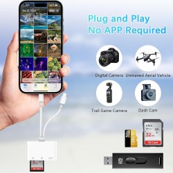 Lecteur Carte SD iPhone, 3 en 1 Lightning to SD Card Reader, Adaptateur iPhone Carte SD, Adaptateur Carte SD iPhone, A-daptateur