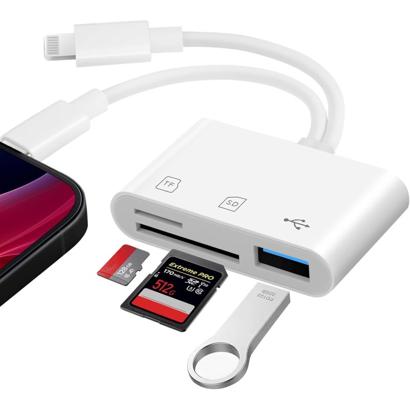 flintronic Lecteur de Carte SD pour iPhone, 3 en 2 Adaptateur Carte SD pour Micro SD/SD/TF/USB, Lecteurs Carte Mémoire Externes,