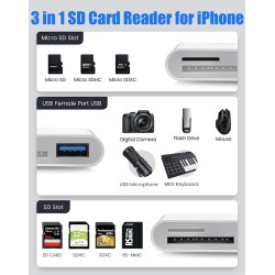 Lecteur de carte SD pour iPhone iPad, adaptateur 3 en 1 USB C OTG lecteur de carte mémoire appareil photo lecteur de carte pour 