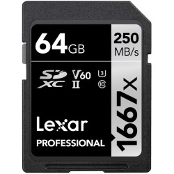 Lexar Carte SD professionnelle 1667x 64 Go, SDXC UHS-II, jusqu'à 250 Mo/s en lecture, 120 Mo/s en écriture, classe 10, U3, V60, 