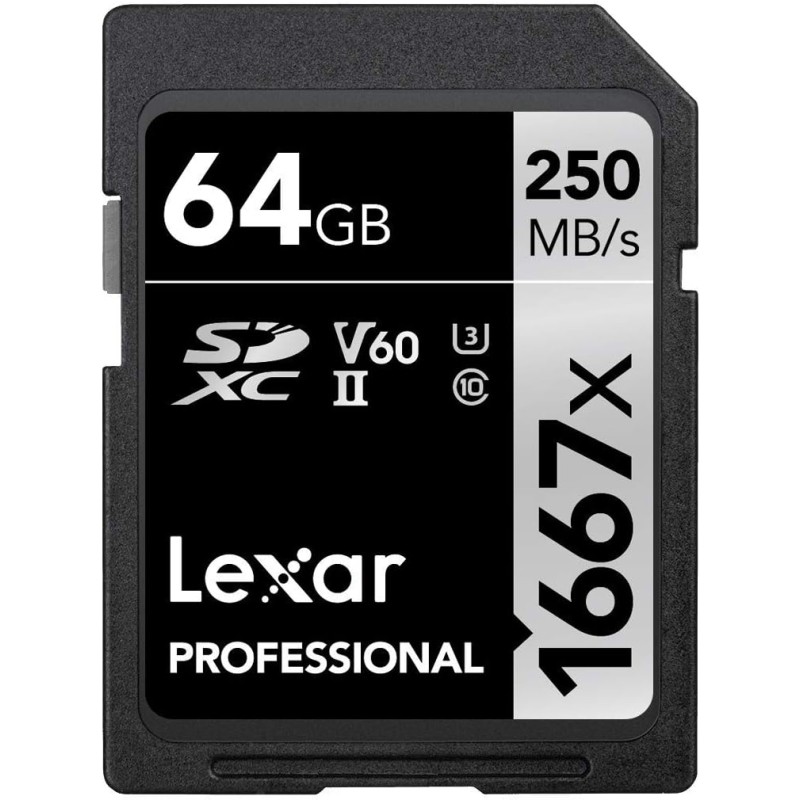 Lexar Carte SD professionnelle 1667x 64 Go, SDXC UHS-II, jusqu'à 250 Mo/s en lecture, 120 Mo/s en écriture, classe 10, U3, V60, 