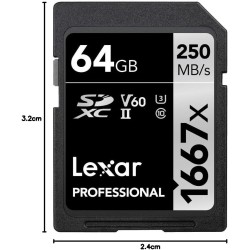 Lexar Carte SD professionnelle 1667x 64 Go, SDXC UHS-II, jusqu'à 250 Mo/s en lecture, 120 Mo/s en écriture, classe 10, U3, V60, 