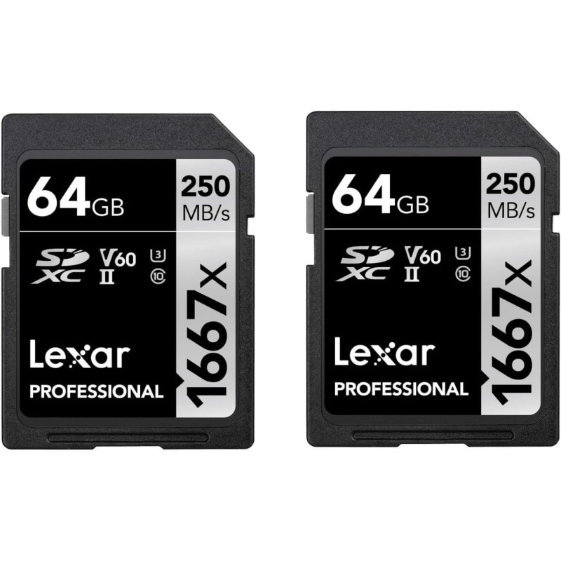 Lexar Professional 1667x Lot de 2 cartes mémoire SD SDXC UHS-II, jusqu'à 250 Mo/s en lecture, 120 Mo/s en écriture, classe 10, U