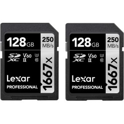 Lexar Lot de 2 cartes SD professionnelles 1667x 128 Go, SDXC UHS-II, jusqu'à 250 Mo/s en lecture, 120 Mo/s en écriture, classe 1