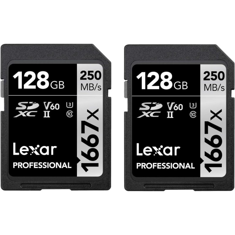 Lexar Lot de 2 cartes SD professionnelles 1667x 128 Go, SDXC UHS-II, jusqu'à 250 Mo/s en lecture, 120 Mo/s en écriture, classe 1
