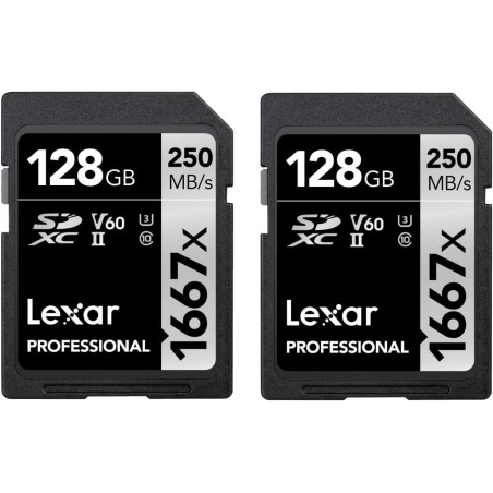 Lexar Lot de 2 cartes SD professionnelles 1667x 128 Go, SDXC UHS-II, jusqu'à 250 Mo/s en lecture, 120 Mo/s en écriture, classe 1