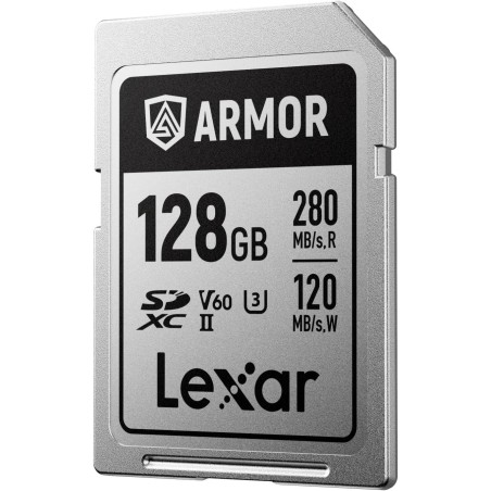 Lexar armor argent pro carte sd 128 go, carte mémoire sd uhs-ii, acier inoxydable, c10, u3, v60, vidéo uhd 6k, jusqu'à 280 mo/s 