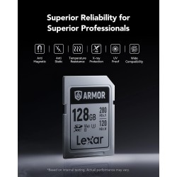 Lexar armor argent pro carte sd 128 go, carte mémoire sd uhs-ii, acier inoxydable, c10, u3, v60, vidéo uhd 6k, jusqu'à 280 mo/s 
