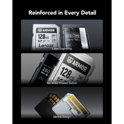 Lexar armor argent pro carte sd 128 go, carte mémoire sd uhs-ii, acier inoxydable, c10, u3, v60, vidéo uhd 6k, jusqu'à 280 mo/s 