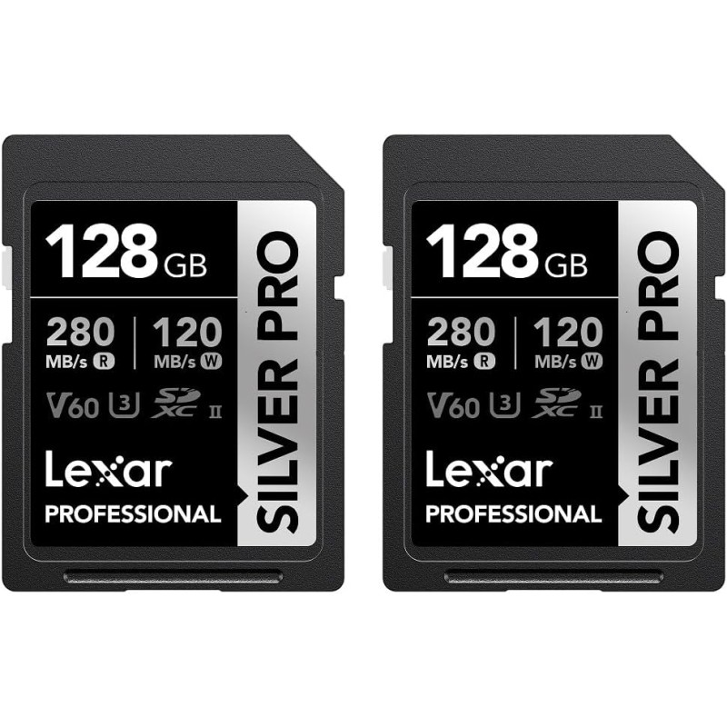 Lexar argent pro carte sd 2x128go, carte mémoire sd uhs-ii, v60, u3, c10, jusqu'à 280mo/s en lecture/120mo/s en écriture, carte 