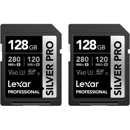 Lexar argent pro carte sd 2x128go, carte mémoire sd uhs-ii, v60, u3, c10, jusqu'à 280mo/s en lecture/120mo/s en écriture, carte 
