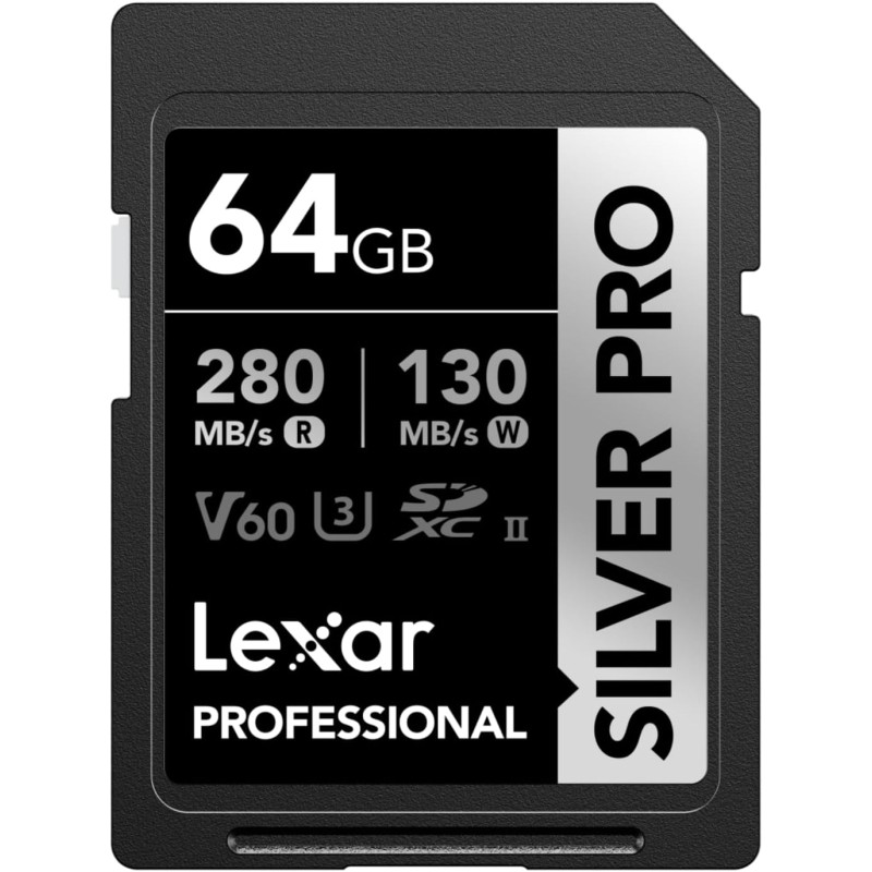 Lexar argent pro carte sd 64go, carte mémoire sd uhs-ii, v60, u3, c10, jusqu'à 280mo/s en lecture, 130mo/s en écriture, carte sd