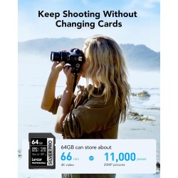 Lexar argent pro carte sd 64go, carte mémoire sd uhs-ii, v60, u3, c10, jusqu'à 280mo/s en lecture, 130mo/s en écriture, carte sd