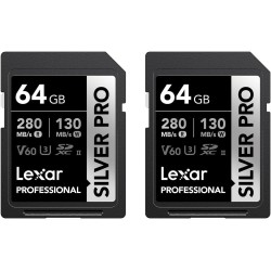 Lexar argent pro carte sd 2x64go, carte mémoire sd uhs-ii, v60, u3, c10, jusqu'à 280mo/s en lecture, 130mo/s en écriture, carte 