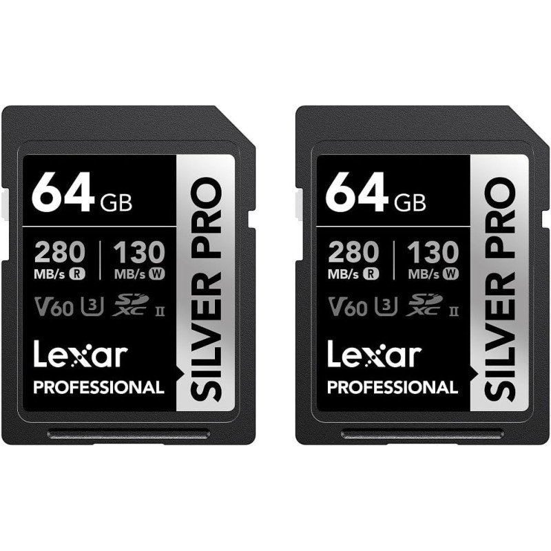 Lexar argent pro carte sd 2x64go, carte mémoire sd uhs-ii, v60, u3, c10, jusqu'à 280mo/s en lecture, 130mo/s en écriture, carte 