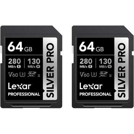 Lexar argent pro carte sd 2x64go, carte mémoire sd uhs-ii, v60, u3, c10, jusqu'à 280mo/s en lecture, 130mo/s en écriture, carte 