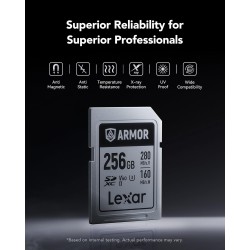 Lexar armor argent pro carte sd 256 go, carte mémoire sd uhs-ii, acier inoxydable, c10, u3, v60, vidéo uhd 6k, jusqu'à 280 mo/s 