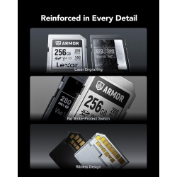 Lexar armor argent pro carte sd 256 go, carte mémoire sd uhs-ii, acier inoxydable, c10, u3, v60, vidéo uhd 6k, jusqu'à 280 mo/s 