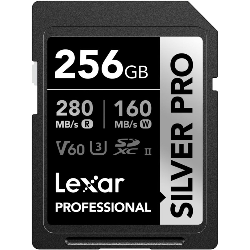 Lexar argent pro carte sd 256go, carte mémoire sd uhs-ii, v60, u3, c10, jusqu'à 280mo/s en lecture, 160mo/s en écriture, carte s