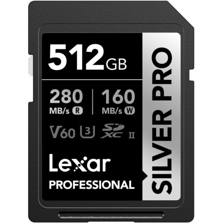 Lexar argent pro carte sd 512go, carte mémoire sd uhs-ii, v60, u3, c10, jusqu'à 280mo/s en lecture, 160mo/s en écriture, carte s
