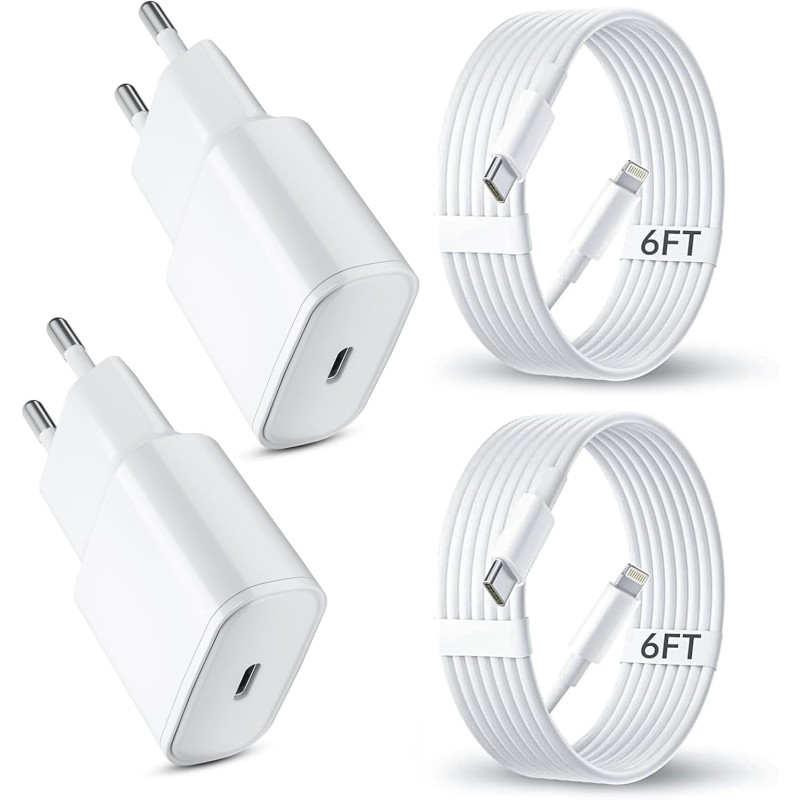 iPhone 14/13 Chargeur, 2-Pack 20W USB C Chargeur Rapide et 1.8M Cable Charge Secteur Mural Adaptateur Alimentation pour iPhone 1