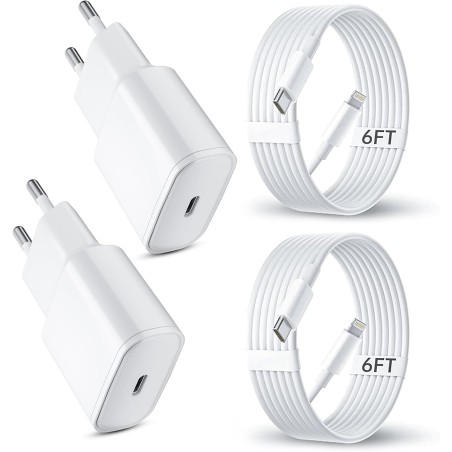 iPhone 14/13 Chargeur, 2-Pack 20W USB C Chargeur Rapide et 1.8M Cable Charge Secteur Mural Adaptateur Alimentation pour iPhone 1